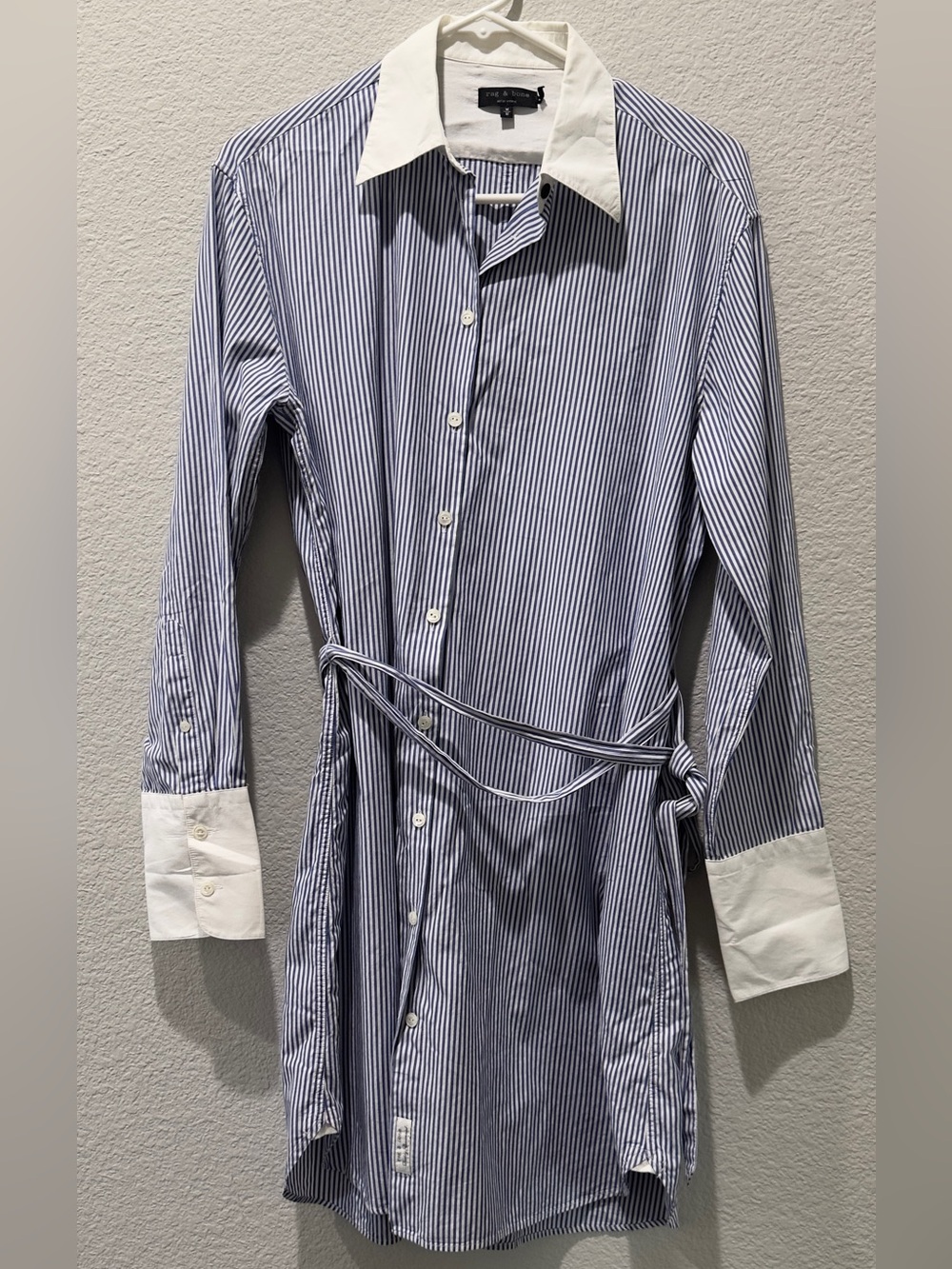 rag & bone Blue and White Striped Tie-Waist Dress Shirt